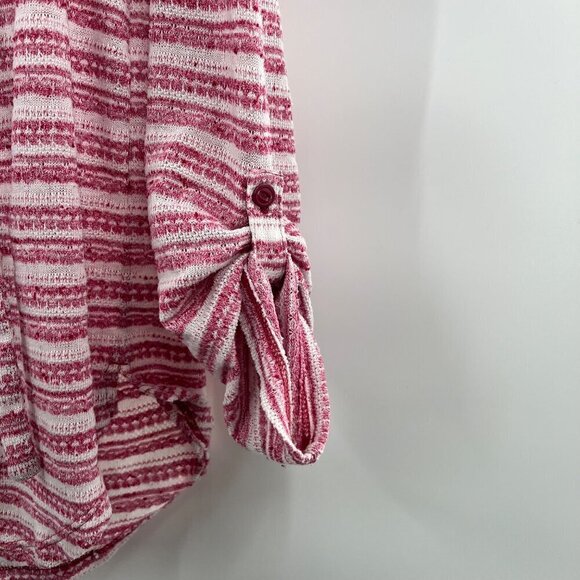 Ann Taylor Loft Womens Tie Neck Long Roll Tab Sleeve Blouse Pink/White Striped S - Picture 8 of 11
